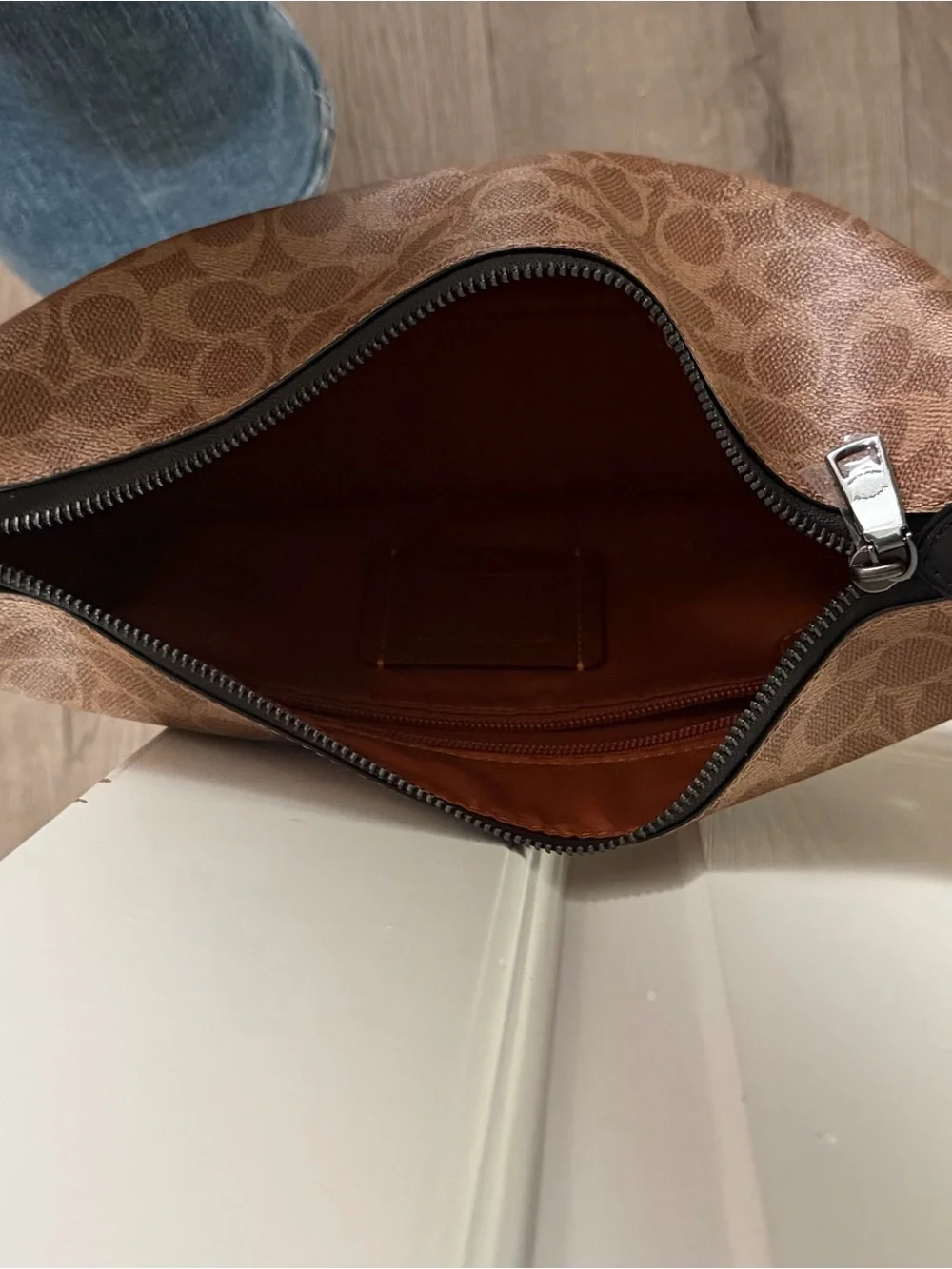 New Coach Brown Signature Canvas Messenger Bag with Black Trim - NWOT.